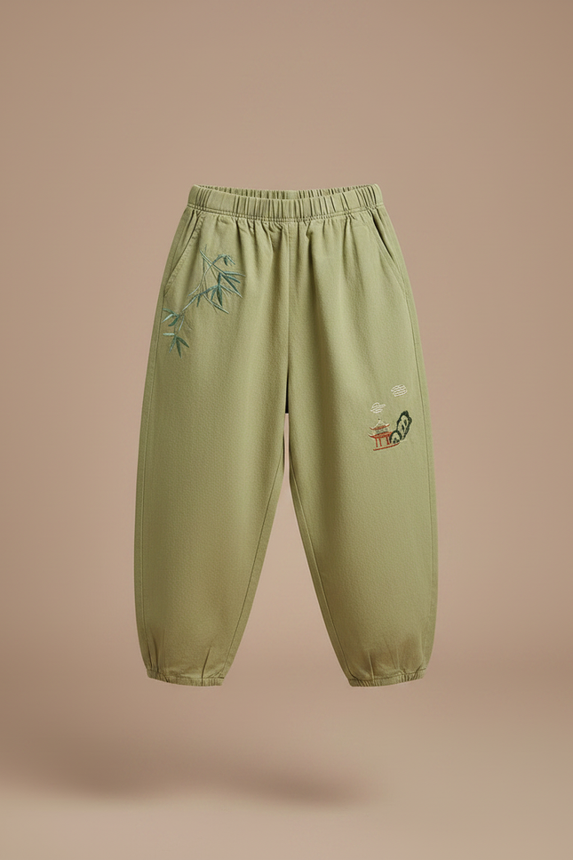 Pantalon Chinois Vert Brodé Ample Coton Enfant - vue 3