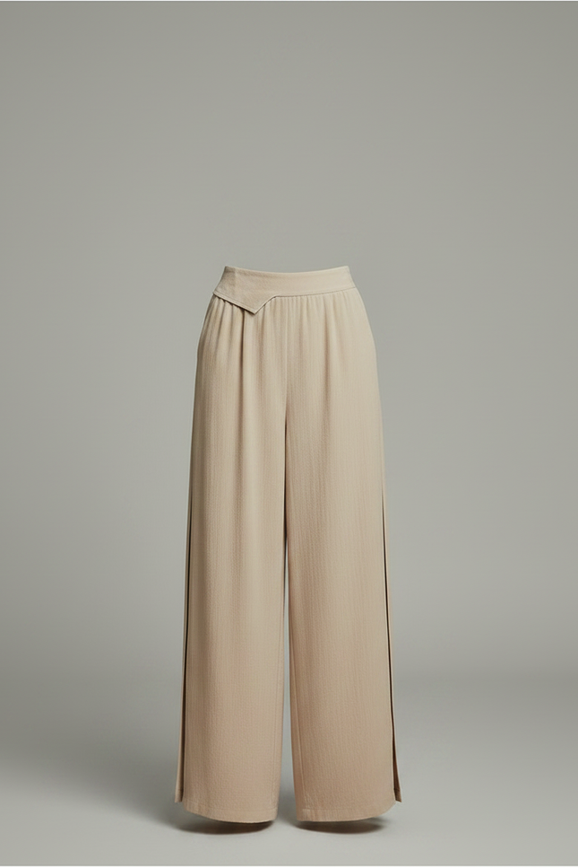 Pantalon Chinois Beige Fluide Ample Fendu Élégant - Lin - vue 3