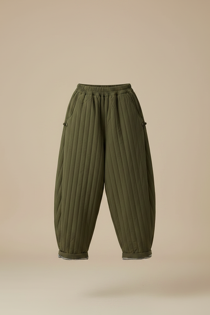 Pantalon Chinois Vert Matelassé Ample Harem Chaud - Kaki Polyester - vue 3