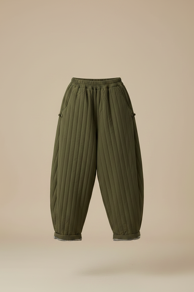 Pantalon Chinois Vert Matelassé Ample Harem Chaud - Kaki Polyester - vue 3