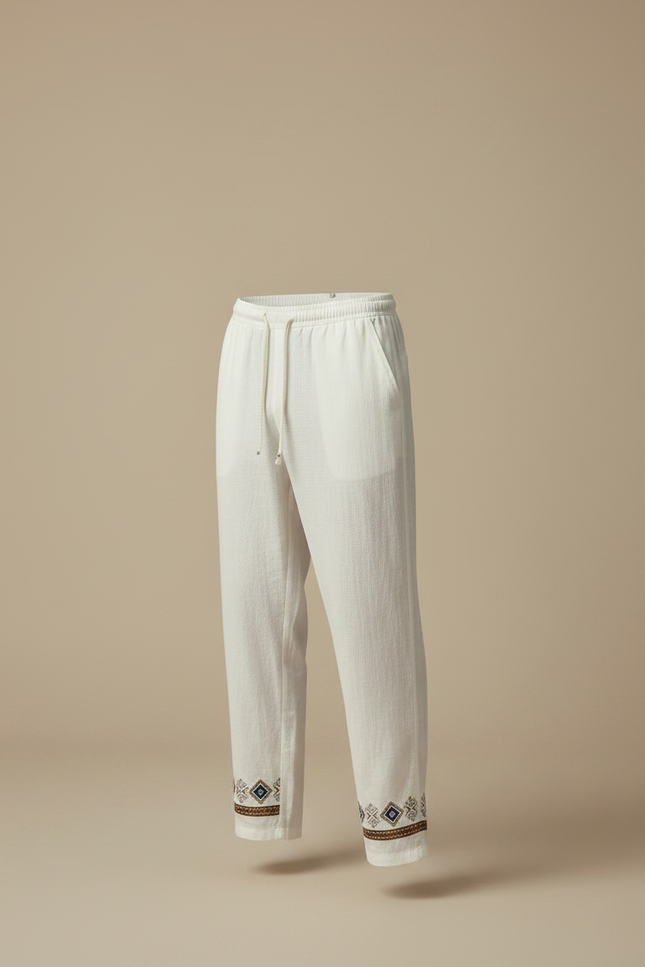 Pantalon Chinois Blanc Lin Brodé Ample Homme - vue 3