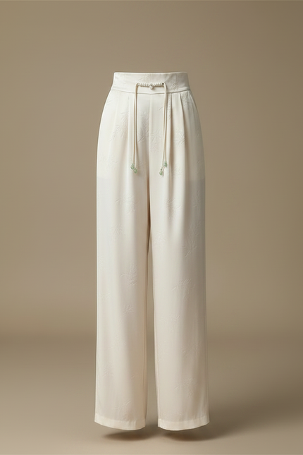 Pantalon Chinois Satiné Jacquard Ample Écru Décontracté - Beige - vue 3