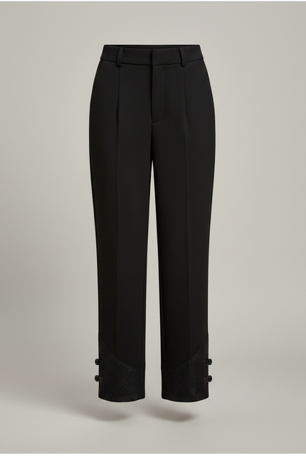 Pantalon Chinois Noir Ample Boutons Dentelle Femme - Gabardine - vue 3