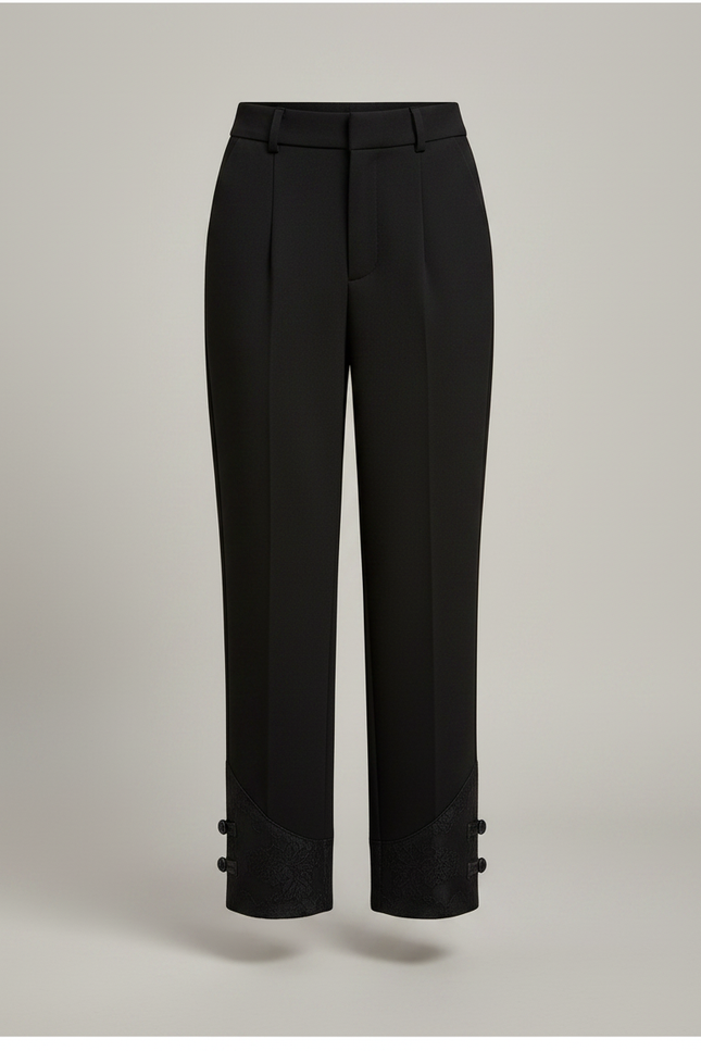 Pantalon Chinois Noir Ample Boutons Dentelle Femme - Gabardine - vue 3