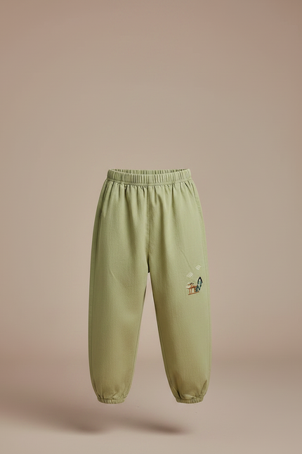 Pantalon Chinois Vert Ample Coton Brodé Enfant Décontracté - vue 3