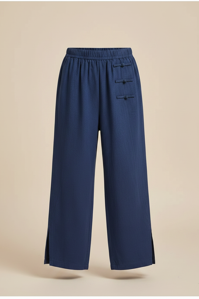 Pantalon Chinois Bleu Ample Coton Traditionnel Fendu - Lin - vue 3