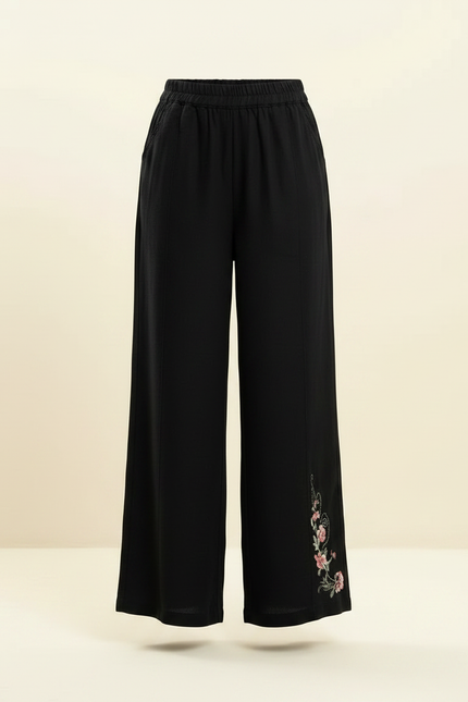 Pantalon Chinois Noir Brodé Ample Fille Décontracté - Viscose - vue 3