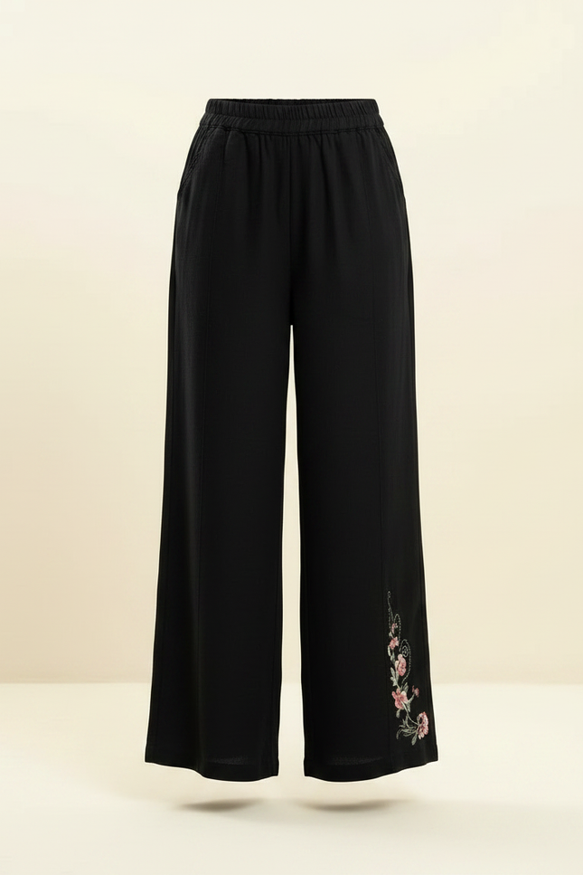 Pantalon Chinois Noir Brodé Ample Fille Décontracté - Viscose - vue 3