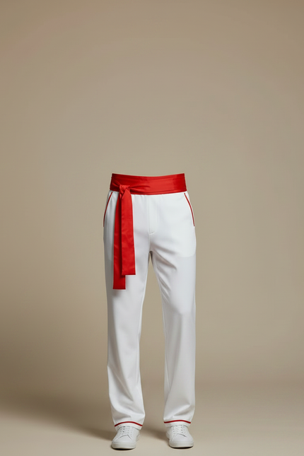 Pantalon Chinois Blanc Droit Rayures Rouges Homme - Gabardine - vue 3