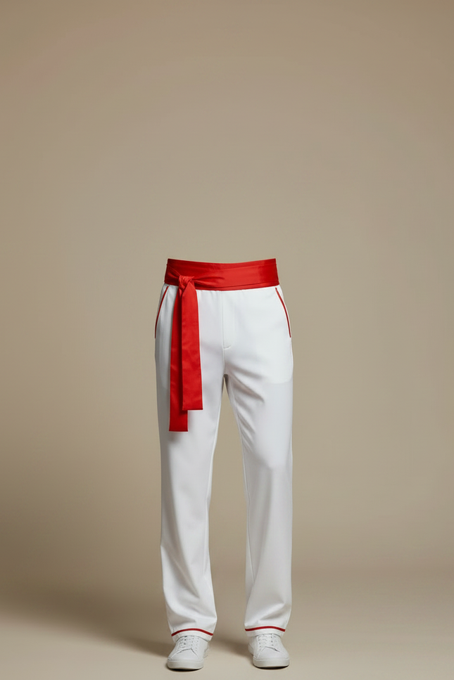 Pantalon Chinois Blanc Droit Rayures Rouges Homme - Gabardine - vue 3