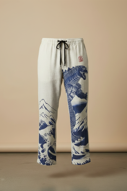 Pantalon Chinois Lin Ample Godzilla Vagues Décontracté - Imprimé - vue 3