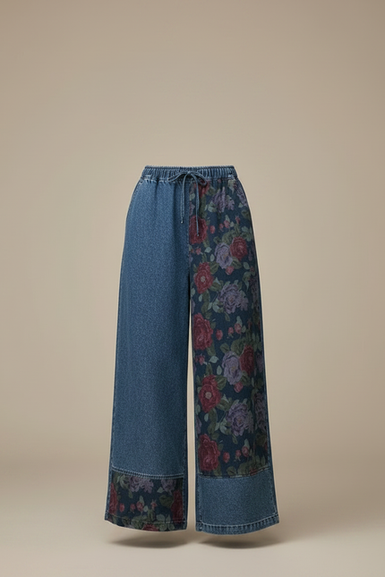 Pantalon Chinois Denim Floral Ample Vintage Élastique - Multicolore Jean - vue 3