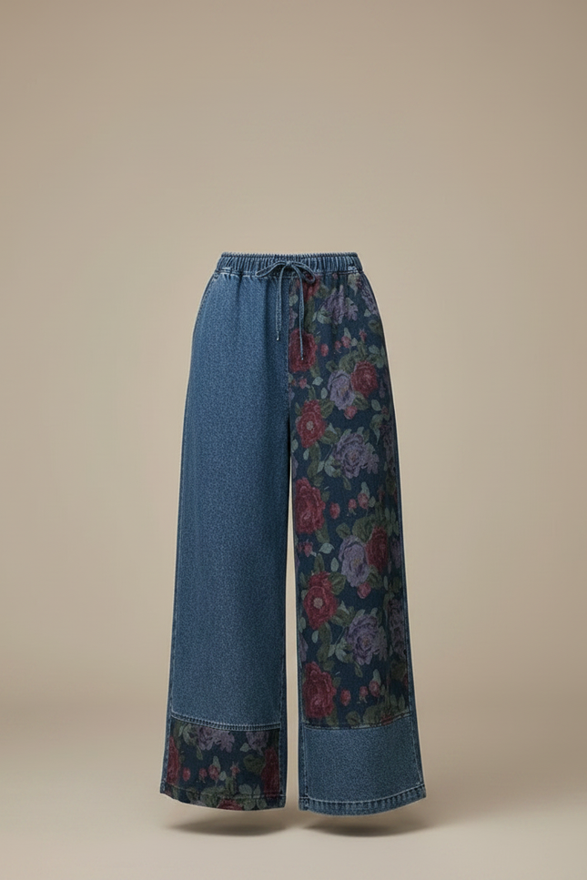Pantalon Chinois Denim Floral Ample Vintage Élastique - Multicolore Jean - vue 3