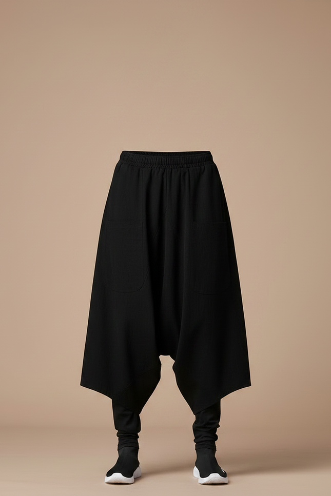 Pantalon Chinois Harem Noir Ample Coton Décontracté - vue 3