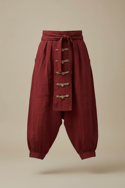 Pantalon Chinois Rouge Lin Ample Décontracté Ethnique Homme - Bordeaux - vue 3