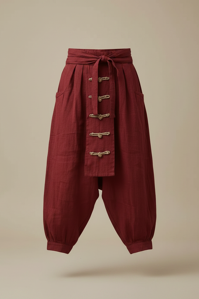 Pantalon Chinois Rouge Lin Ample Décontracté Ethnique Homme - Bordeaux - vue 3