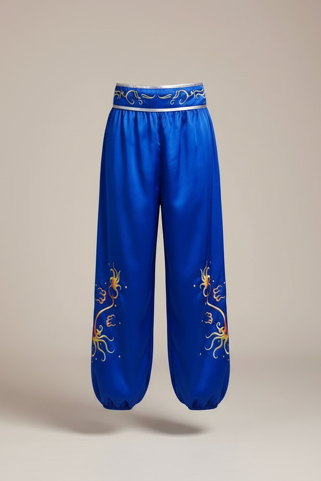 Pantalon Chinois Bleu Satiné Ample Enfant Brodé - vue 3
