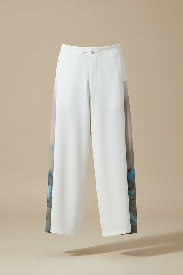 Pantalon Chinois Blanc Ample Soie Imprimé Paysage - vue 3