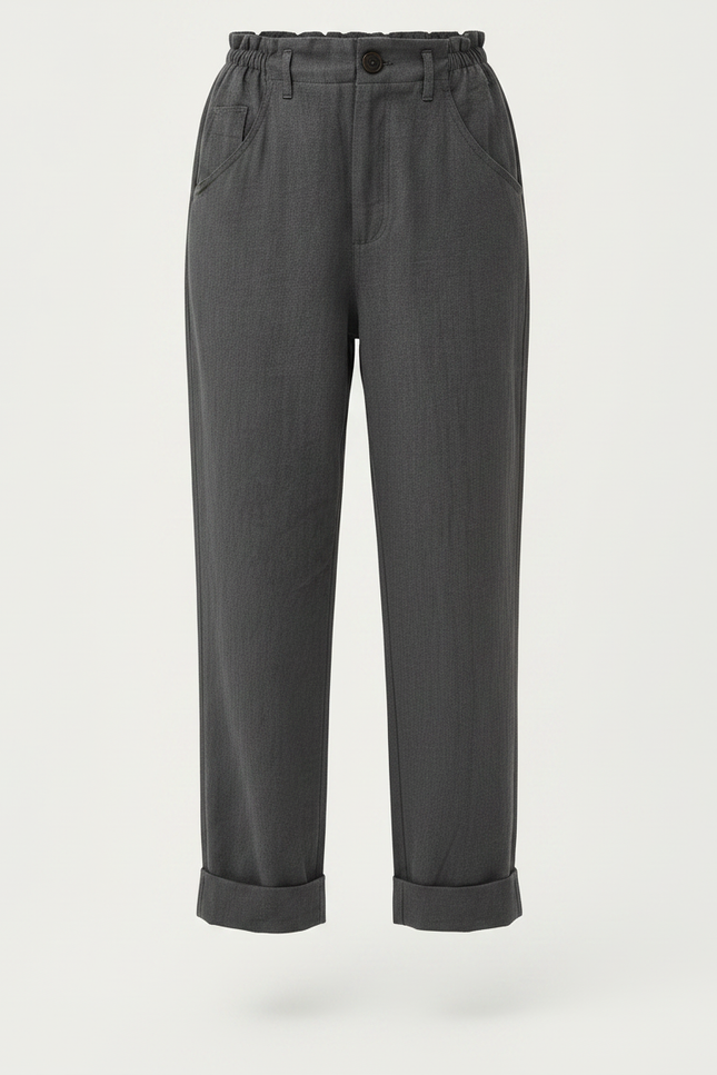 Pantalon Chinois Gris Ample Coton Décontracté Ceinturé - vue 3