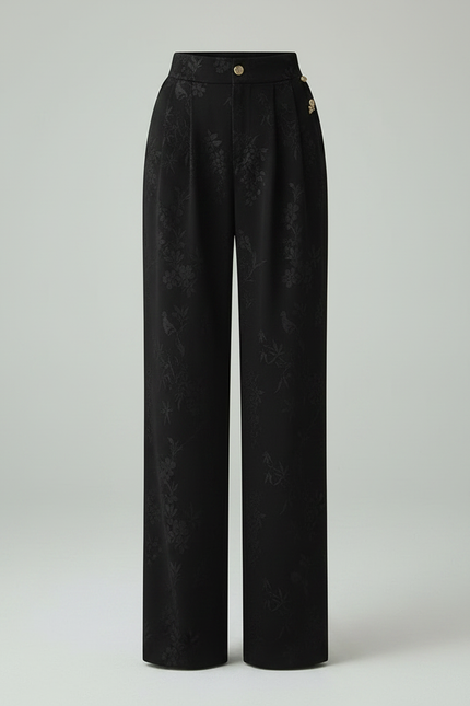 Pantalon Chinois Noir Satin Brodé Ample Élégant Femme - vue 3