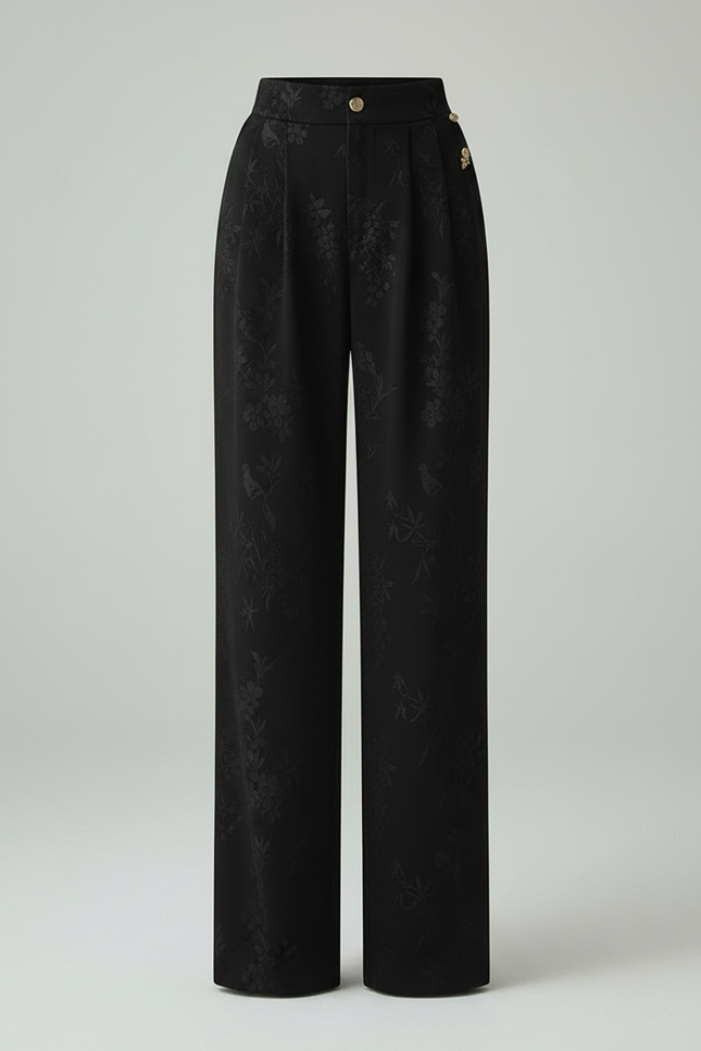 Pantalon Chinois Noir Satin Brodé Ample Élégant Femme - vue 3