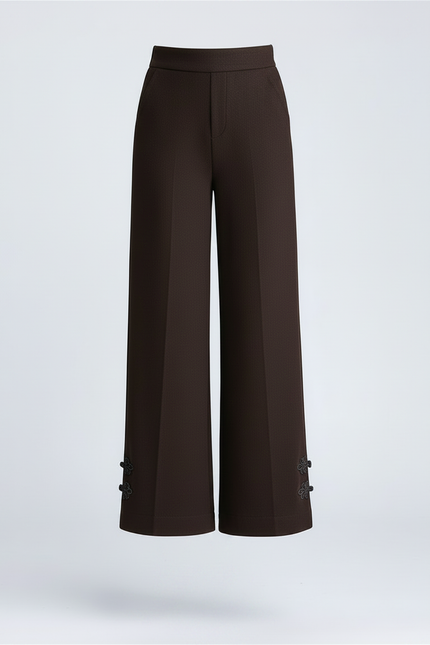 Pantalon Chinois Marron Ample Taille Haute Brodé - Gabardine - vue 3