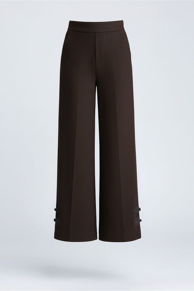 Pantalon Chinois Marron Ample Taille Haute Brodé - Gabardine - vue 3