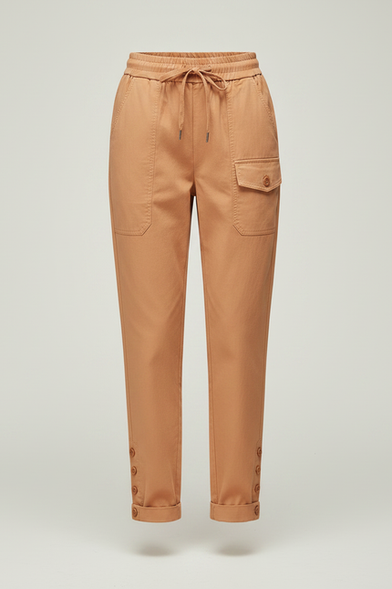 Pantalon Chinois Cargo Lin Ample Boutons Décontracté - Camel - vue 3