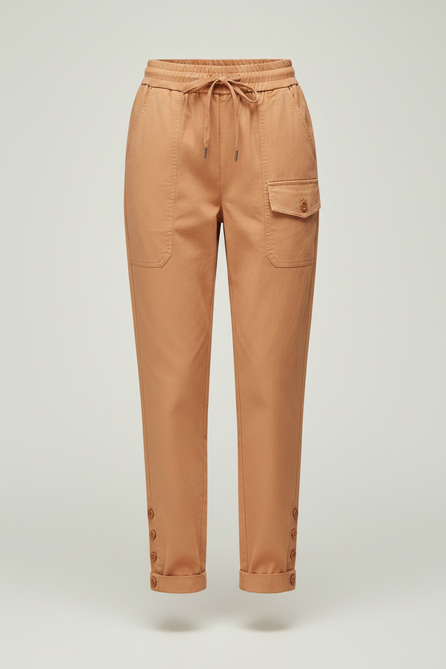 Pantalon Chinois Cargo Lin Ample Boutons Décontracté - Camel - vue 3