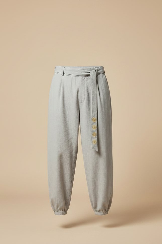 Pantalon Chinois Gris Clair Ample Coton Brodé Homme - vue 3