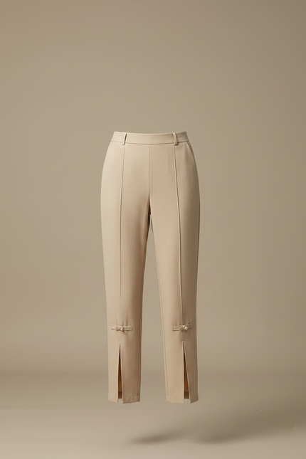 Pantalon Chinois Beige Coupe Droite Fendue Nœuds Femme - Gabardine - vue 3