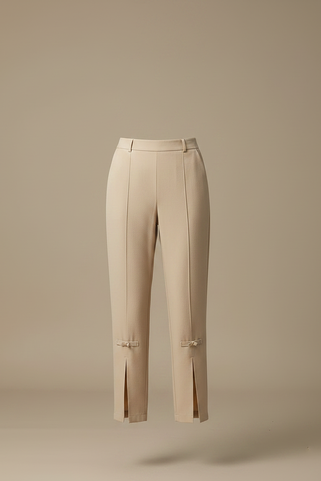 Pantalon Chinois Beige Coupe Droite Fendue Nœuds Femme - Gabardine - vue 3