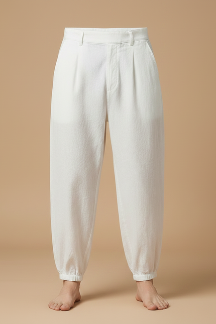 Pantalon Chinois Blanc Coton Ample Brodé Homme - vue 3