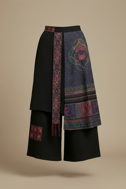 Pantalon Chinois Noir Brodé Ample Jupe-culotte Ethnique - Coton - vue 3