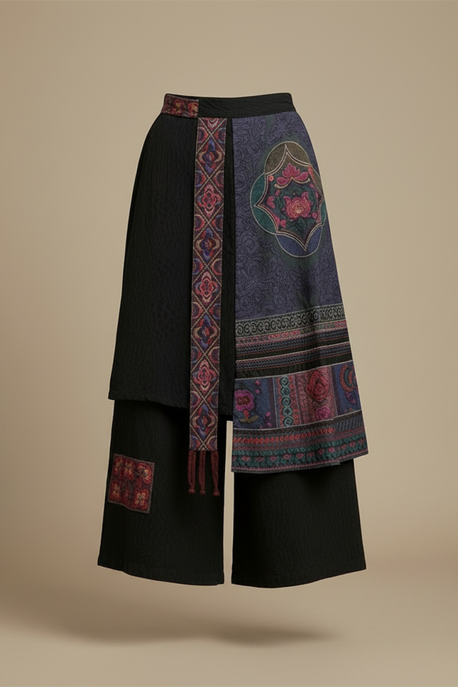 Pantalon Chinois Noir Brodé Ample Jupe-culotte Ethnique - Coton - vue 3