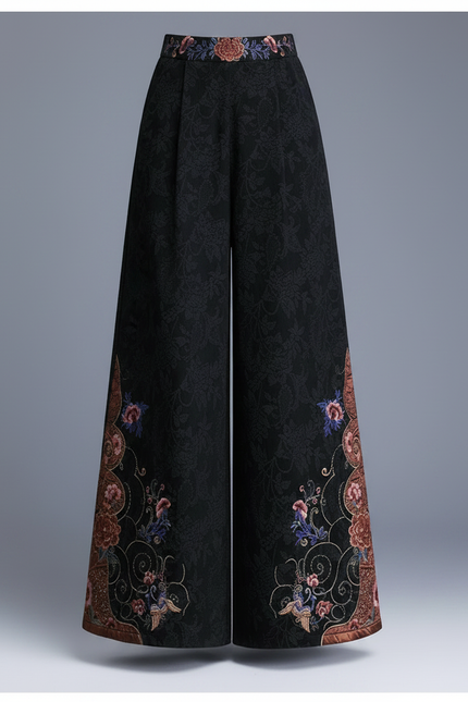 Pantalon Chinois Noir Brodé Jacquard Ample Ethnique Femme - Polyester - vue 3