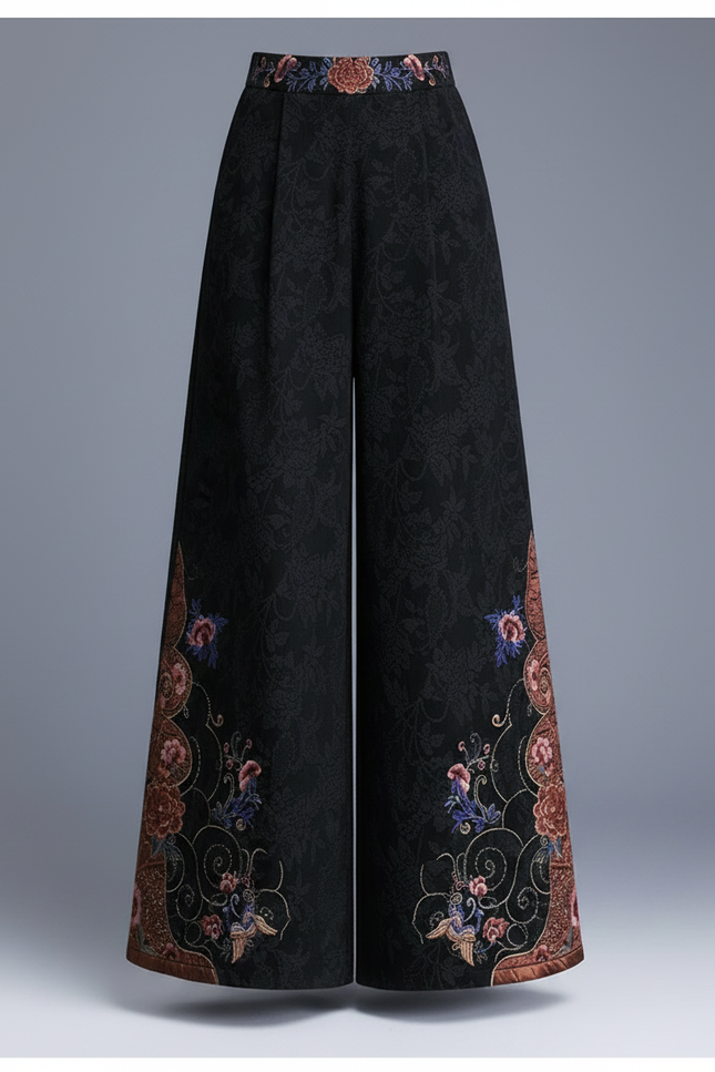 Pantalon Chinois Noir Brodé Jacquard Ample Ethnique Femme - Polyester - vue 3