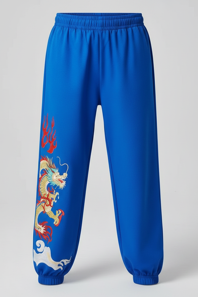 Pantalon Chinois Bleu Brodé Dragon Ample Enfant - Molleton - vue 3