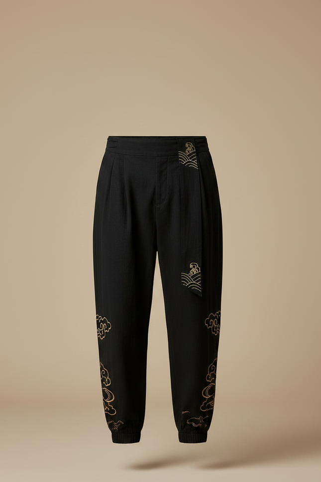 Pantalon Chinois Noir Ample Brodé Nuages Harem - Coton - vue 3
