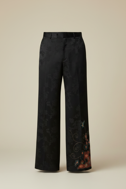 Pantalon Chinois Noir Brodé Jacquard Ample Vintage - Satin - vue 3