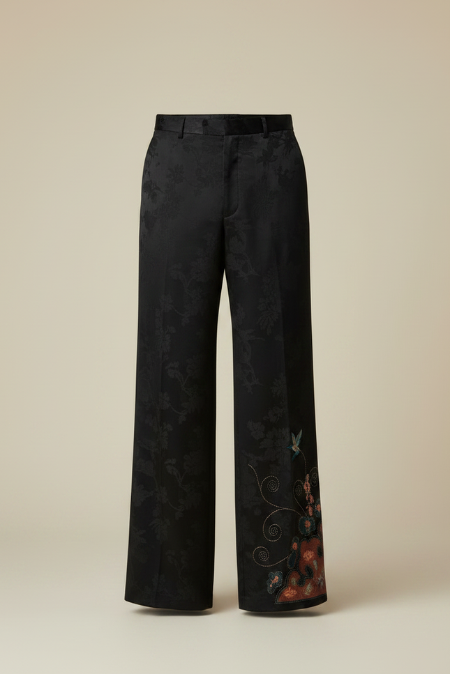 Pantalon Chinois Noir Brodé Jacquard Ample Vintage - Satin - vue 3