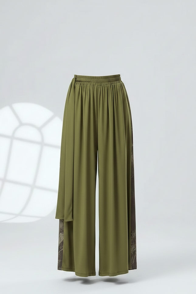 Pantalon Chinois Vert Ample Fendu Imprimé Fluide Fille - Kaki Viscose - vue 3