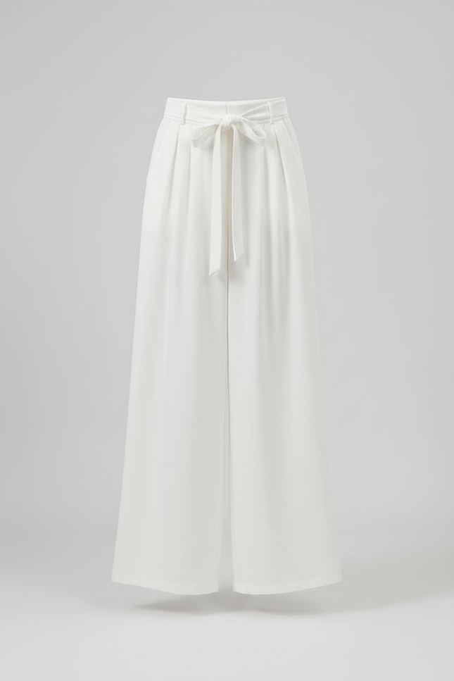 Pantalon Chinois Blanc Fluide Ample Ceinturé Élégant - Polyester - vue 3