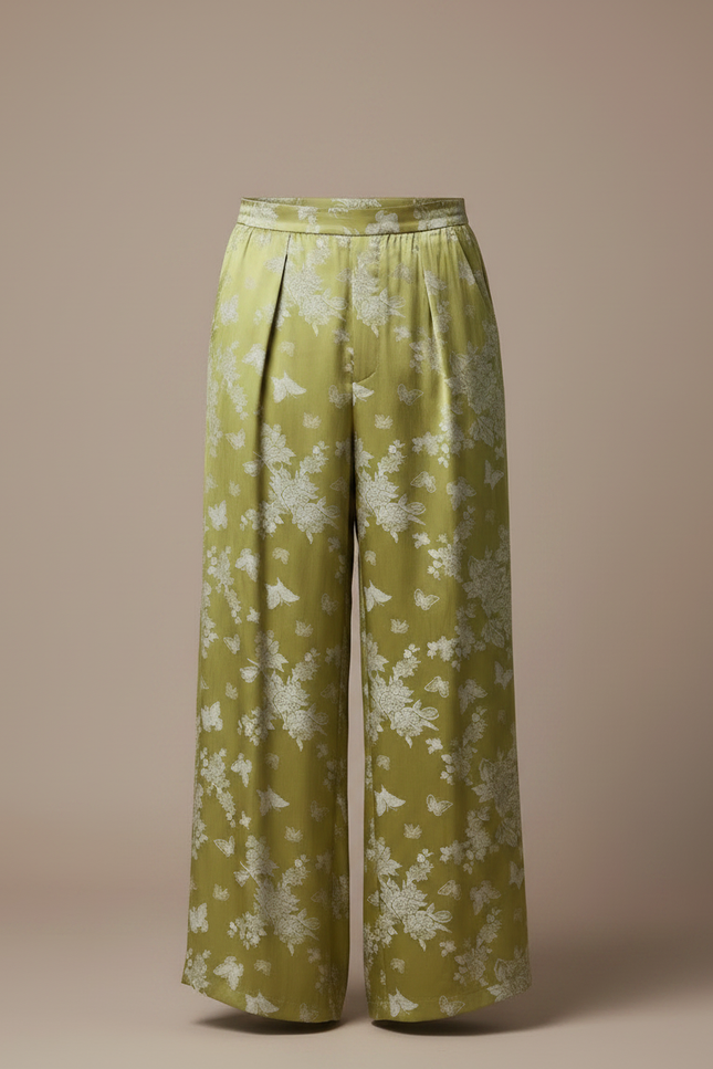 Pantalon Chinois Vert Satiné Ample Papillons Fluide - vue 3