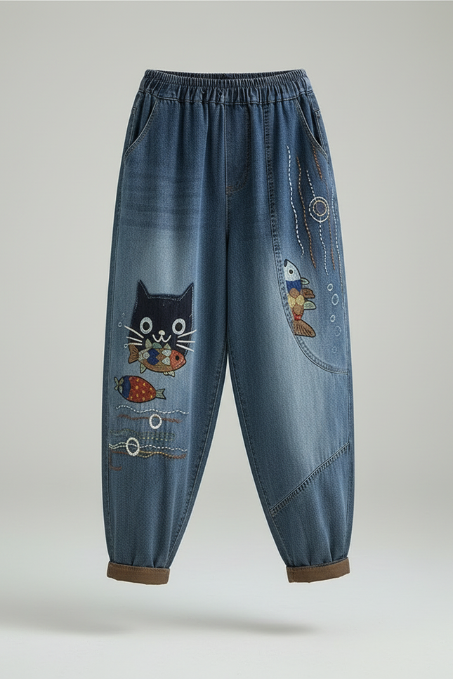 Pantalon Chinois Jean Harem Brodé Chat Poisson Femme - Bleu - vue 3