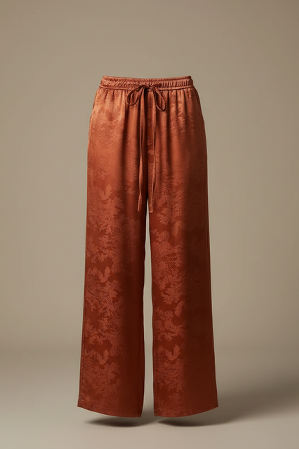 Pantalon Chinois Terracotta Jacquard Floral Fluide Élégant - Orange Satin - vue 3