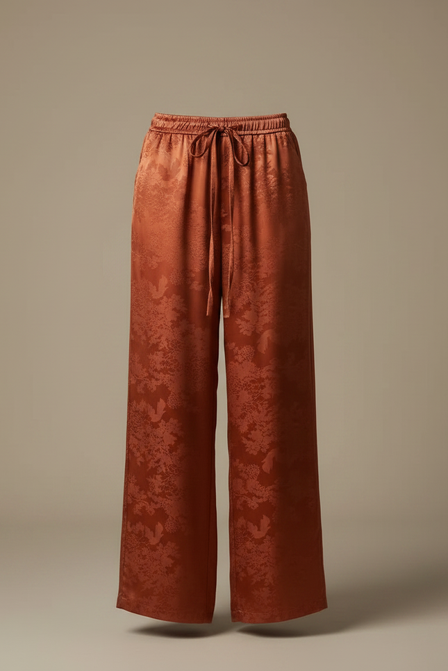 Pantalon Chinois Terracotta Jacquard Floral Fluide Élégant - Orange Satin - vue 3