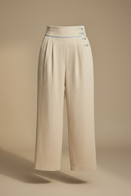 Pantalon Chinois Beige Ample Taille Haute Boutons - Laine - vue 3