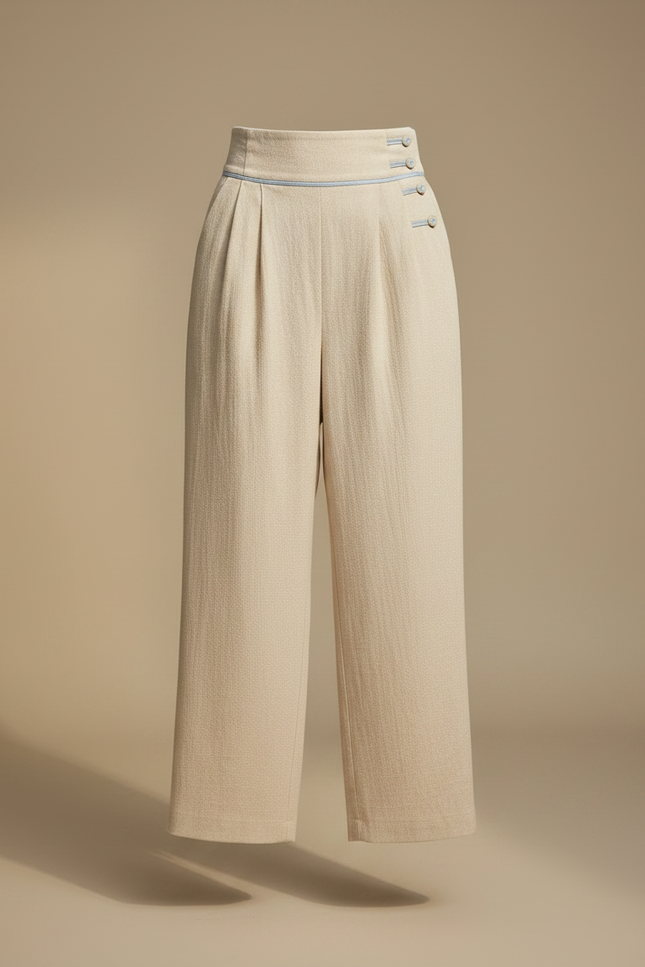Pantalon Chinois Beige Ample Taille Haute Boutons - Laine - vue 3