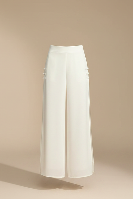 Pantalon Chinois Fluide Écru Fendu Élégant Chiffon - Blanc Polyester - vue 3